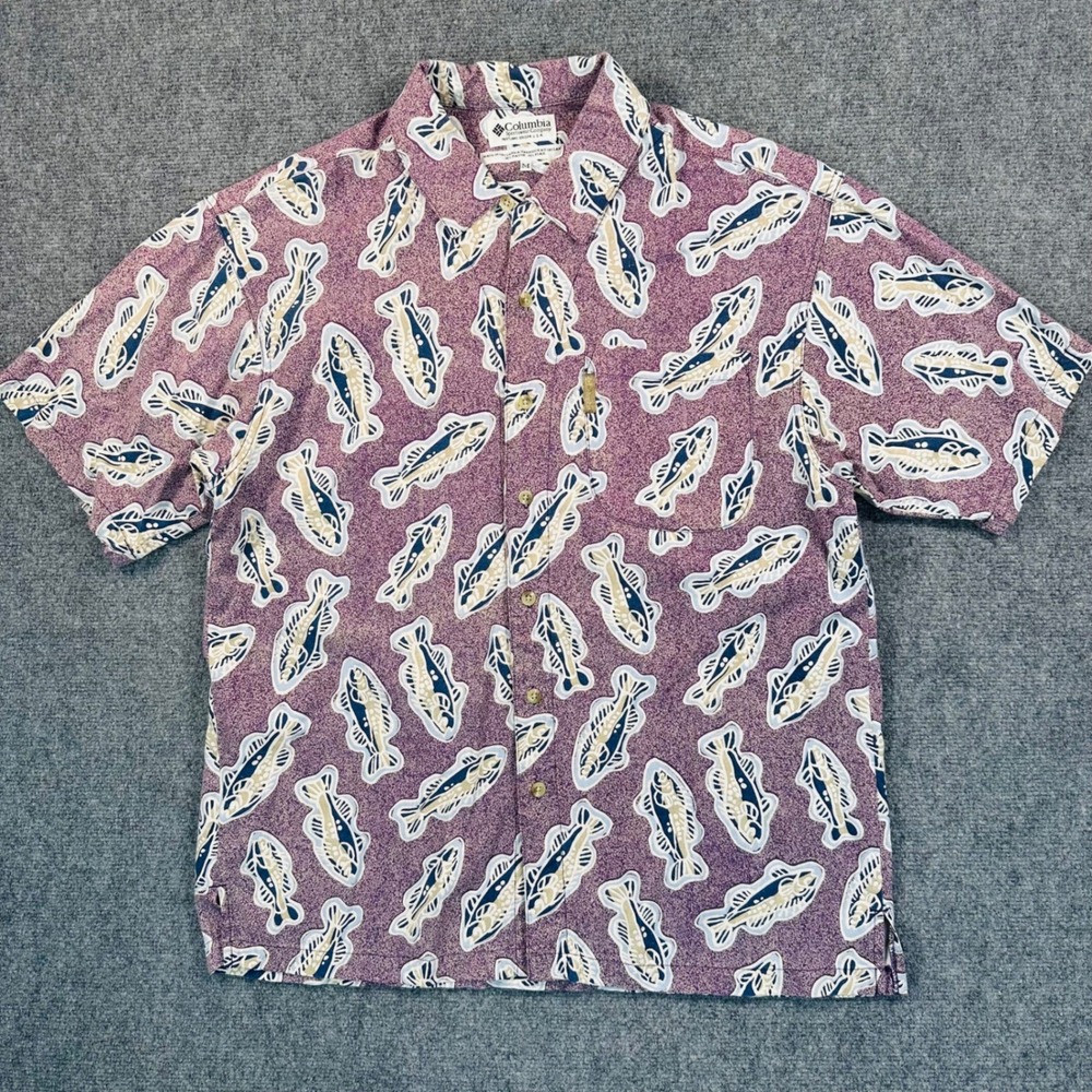 Columbia Men's M Purple Trout Fish Print Rayon Flax Blend Shirt Outdoors Camping - Picture 2 of 10